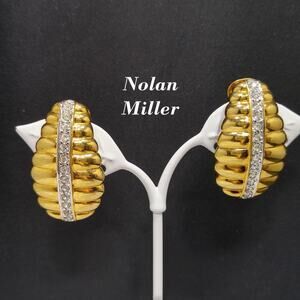 Vintage Nolan Miller Gold Plated Rhinestone Clip-On Earrings, 1980s Dynasty Era